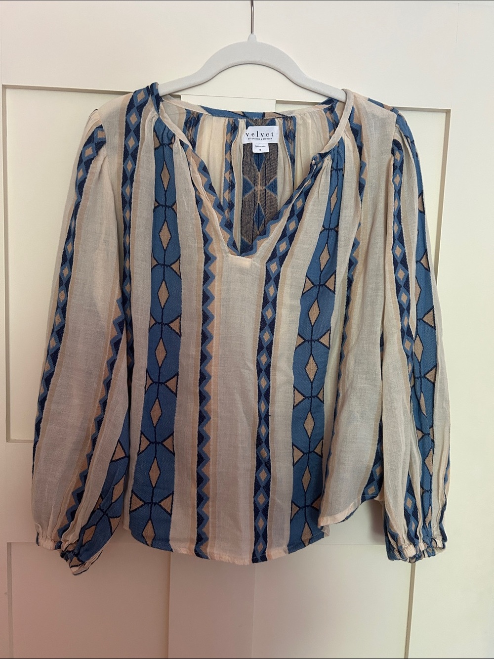 Velvet by Graham & Spencer Cream and Blue Striped Peasant Blouse